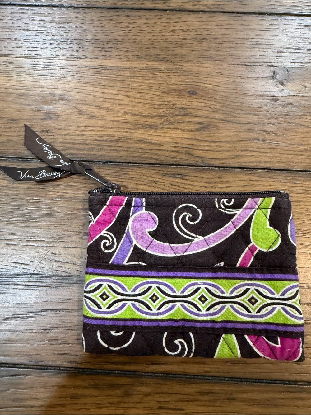 Vera Bradley Quilted Small Zip Coin Pouch in Purple, Green & Brown